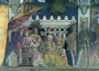 Marchese Ludovico Gonzaga III of Mantua, his wife Barbara of Brandenburg, children, courtiers and their dog Rubino, from the Camera degli Sposi or Camera Picta, 1465-74 (detail)